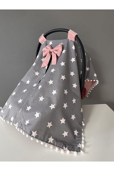 Jaju Baby Gray Star Patterned Cotton Organic Fabric Pompom Stroller Cover