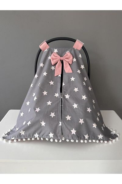 Jaju Baby Gray Star Patterned Cotton Organic Fabric Pompom Stroller Cover