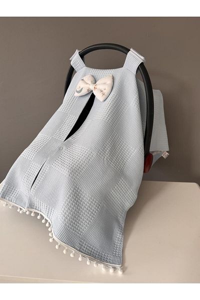 Jaju Baby Blue Waffle Pique and Muslin Design Pompom Stroller Cover