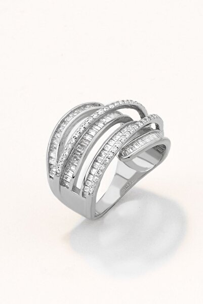 Marie Claire 18 Ayar Beyaz Altın Kaplama Gümüş Şeritli Yüzük Zirkon Taşlı