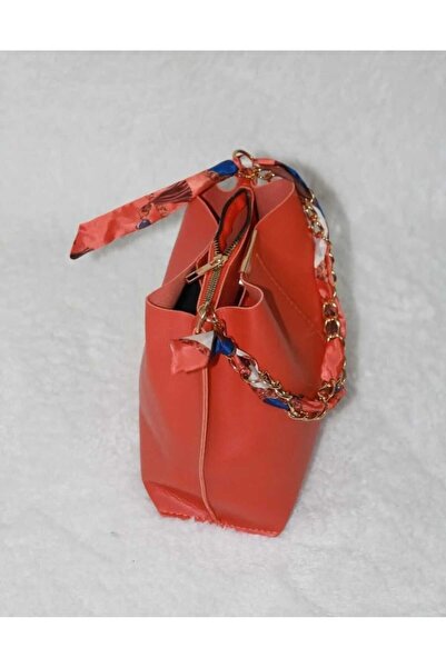 Dlüks Eșarfă portocalie și accesoriu cu lanț, din piele moale, geantă de mână...