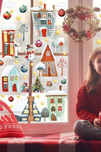 Sticker Ekspres Снігові сільські будинки, новорічний набір наклейок на скляні...