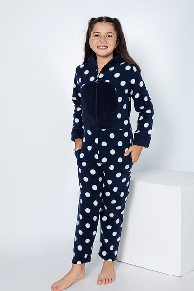 Pijamaevi Marineblauer Fleece-Plüsch-Overall-Pyjama für Mädchen mit Polka-Dot-Muster