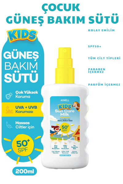 AXWELL Kids Çok Yüksek Koruyucu Çocuk İçin Yüz & Vücut Güneş Sütü Spreyi Spf5...