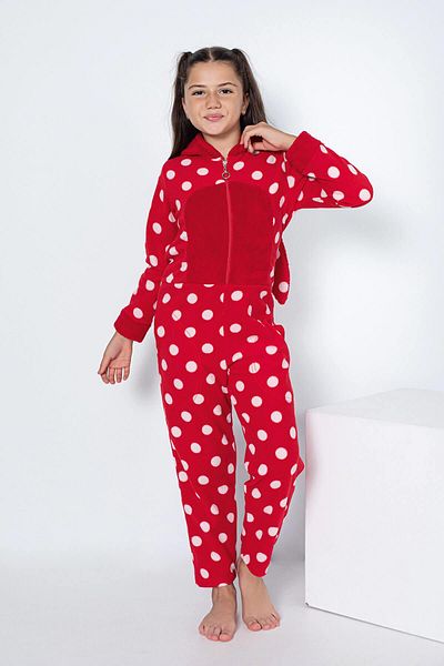 Pijamaevi Fleece-Plüsch-Overall-Pyjama für Mädchen mit rotem Punktmuster