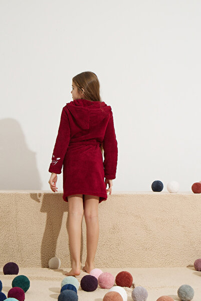 Siyah İnci burgundy Wellsoft Hooded Embroidered Dressing Gown