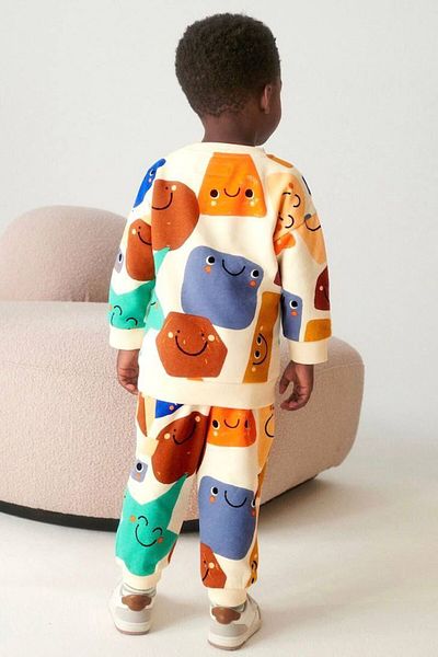 Teeny Weeny Kids New Season Multi-Colored Printed Crew Neck 3 Thread Fabric Top and Bottom Set