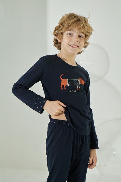 Sevim Boy, Navy Blue, Dog Themed, Rubber Leg, Pajama Set