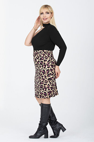 Madwilo Women's Purple Beige Leopard Pattern Flexible Suede Pencil Skirt