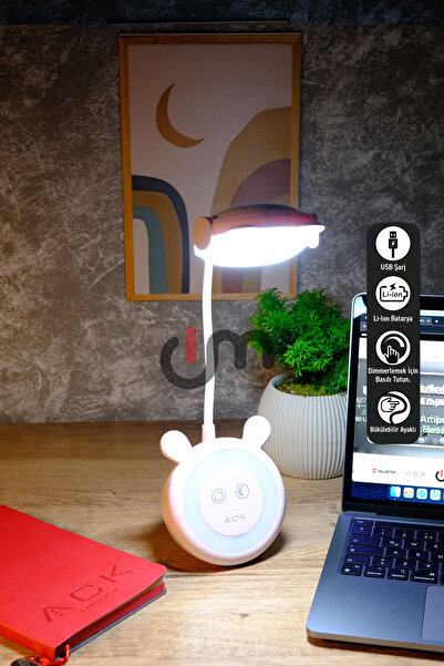 ACK Şarjlı Dokunmatik LED Masa Lambası Ayarlanabilir Işık Gece Modlu Pembe Çocuk Odası Çalışma Işığı