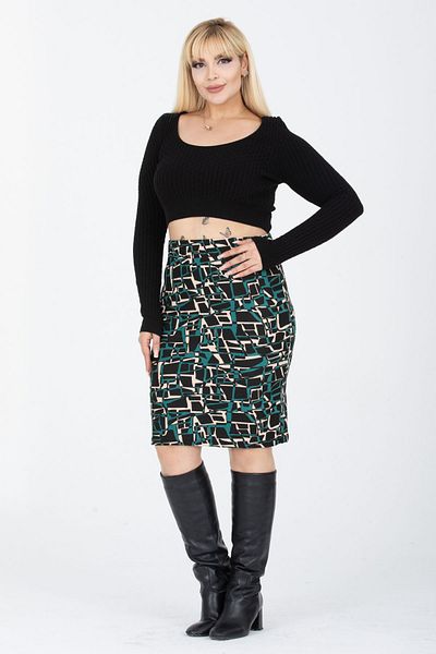 Madwilo Women's Emerald Beige Geometric Pattern Flexible Suede Pencil Skirt
