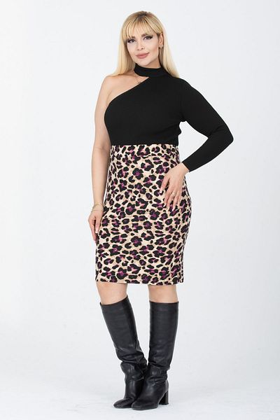 Madwilo Women's Purple Beige Leopard Pattern Flexible Suede Pencil Skirt