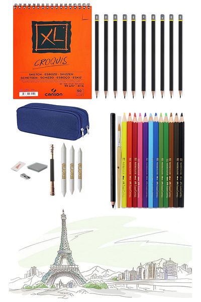 GLANCE Canson Xl A5 Drawing Sketchbook with Charcoal and Faber Water Color Drawing Sketch Set
