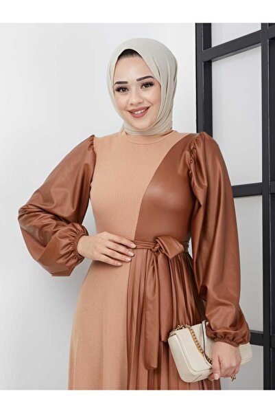 benguen 4666 Wrapped Leather Detailed Dress Beige