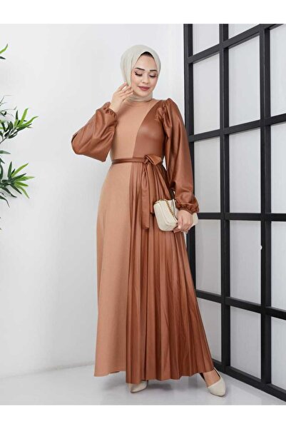 benguen 4666 Wrapped Leather Detailed Dress Beige