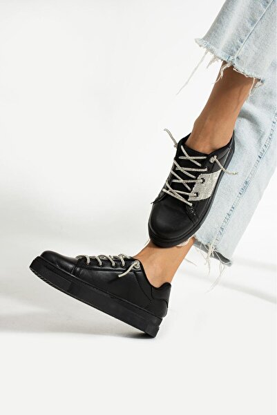 SNDUS Women's Stoned Black Sneaker Lace-Up (REST) Stone Detailed Sports Shoes