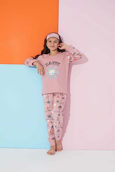 MEBA Girl's Gez Boy Daisy Pattern Plush Polar Pajama Set with Sleeping Headband as a Gift