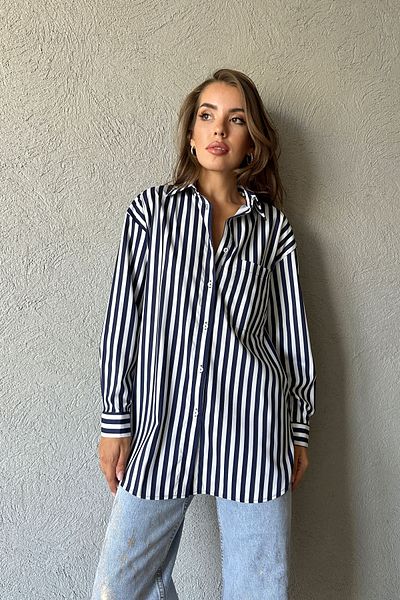 Seda Yalçın Atelier Navy Blue Striped Oversize Pocket Detailed Shirt