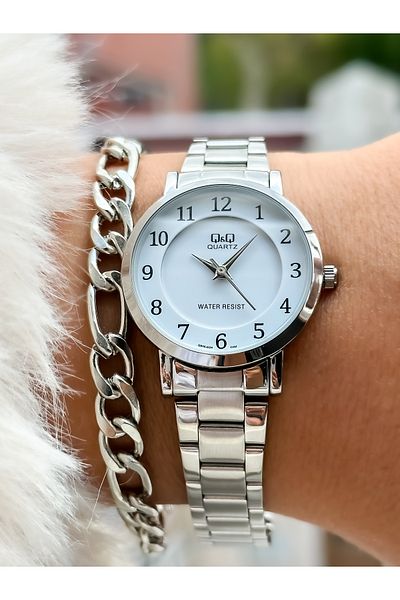 Q&Q Brand Silver Color, Steel Strap, Women's Wristwatch + Bracelet with Numbers