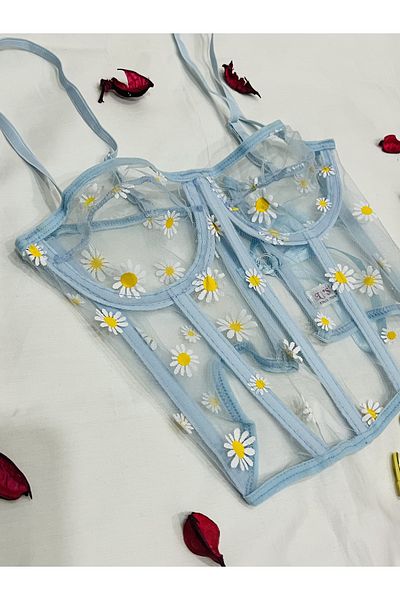 mendoza store Corset bustier cu sârmă cu margarete albastru fără cupă