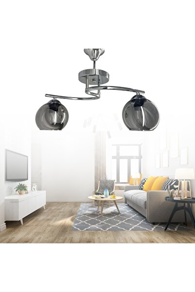 Genel Markalar Fuji Krom 2'li Füme Camlı Avize | Kaliteli Modern Metal Avize