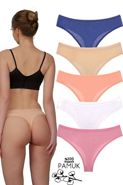Humaone Pack of 5 Ribbed Special Waist Thong Panties Indigo, Skin, White, Baby Mouth, Dried Rose