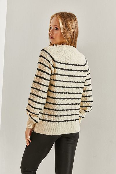Bianco Lucci Gestreifter Strickpullover mit geflochtenem Kragen und Knöpfen für Damen
