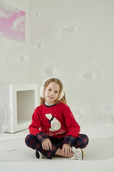 Sevim Girl, Red, Winter Themed, New Year, Plaid, Cotton, Pajama Set