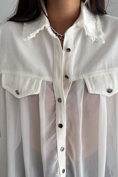 FEMELLE Women's White Standard Size Sleeveless Chiffon Detailed Design Shirt