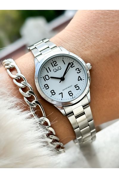 Q&Q Brand Silver Color, Steel Strap, Women's Wristwatch + Bracelet with Numbers