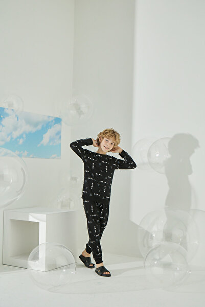 Sevim Boy, Black, Elastic Leg, Cuffed, Cotton Pajama Set