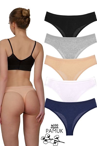 Humaone Pack of 5 Ribbed Special Waist Thong Panties Black, White, Gray, Skin, Navy Blue