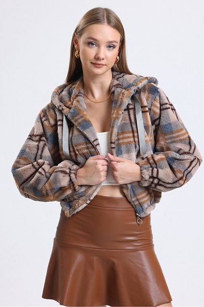 MD trend Women's Orange Plaid Patterned Zippered Hooded Crop Plush Fur Coat