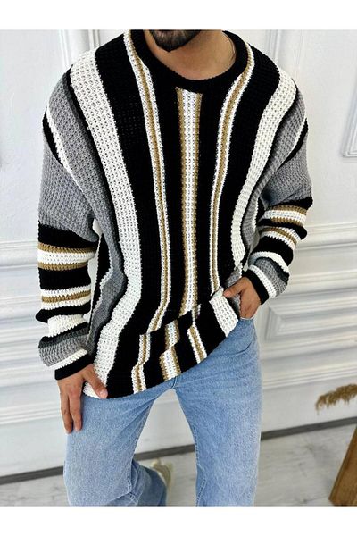 elkumoda Χαλαρό oversized πλεκτό πουλόβερ σε φυσικό βαμβάκι με χρωματιστό σχέδιο.
