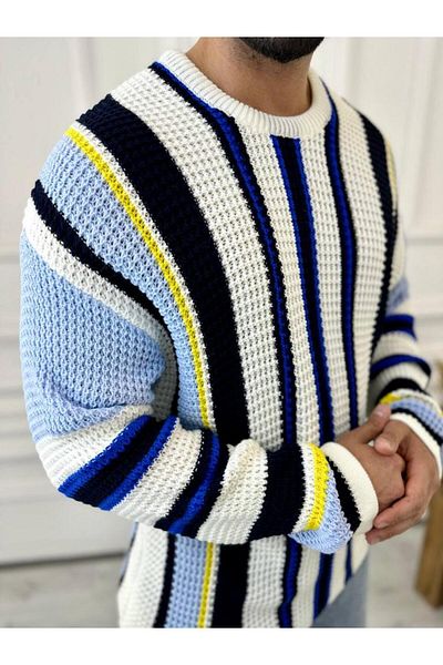 elkumoda Χαλαρό oversized πλεκτό πουλόβερ σε φυσικό βαμβάκι με χρωματιστό σχέδιο.