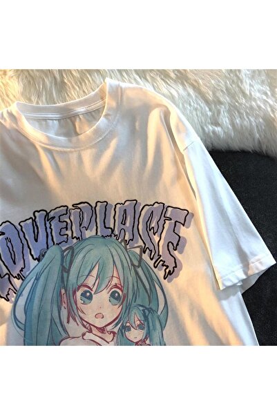 VişneliWears Love Place Hatsune Miku White Unisex Oversize T-shirt
