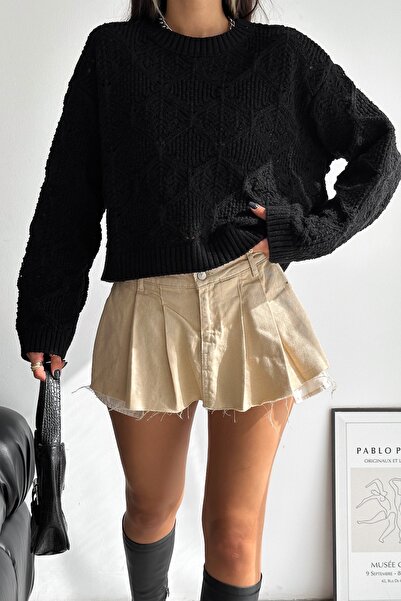 FEMELLE Pulover de damă, negru, mărime standard, tricot cu orificiu moale