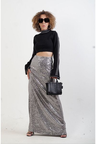 Zelish My Sister Gray Sequined Lined Maxi Skirt
