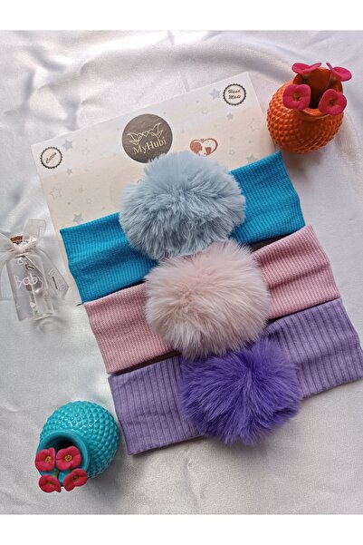MyHubi 3-Piece Combination Handmade Baby Girl Rabbit Hair Pompom Bandana
