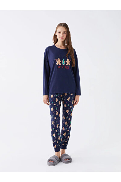 LC Waikiki AYMİRA GİYİMDEN Bisiklet Yaka Yılbaşı Temalı Uzun Kollu Kadın Pijama Takımı