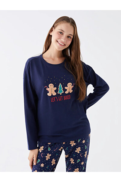 LC Waikiki AYMİRA GİYİMDEN Bisiklet Yaka Yılbaşı Temalı Uzun Kollu Kadın Pijama Takımı