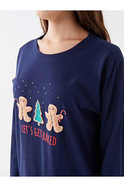 LC Waikiki AYMİRA GİYİMDEN Bisiklet Yaka Yılbaşı Temalı Uzun Kollu Kadın Pijama Takımı