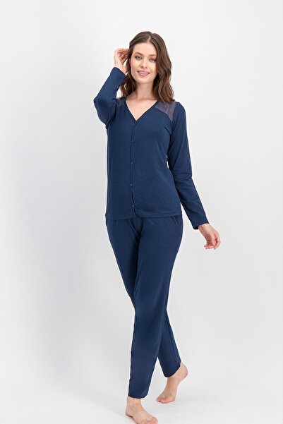Arnetta Women's Navy Blue Basic Lace Shirt Pajama Set