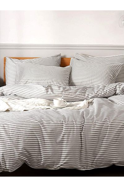 CAQQA Striped Gray Children and Teenager Single Cotton Elastic Duvet Cover Set