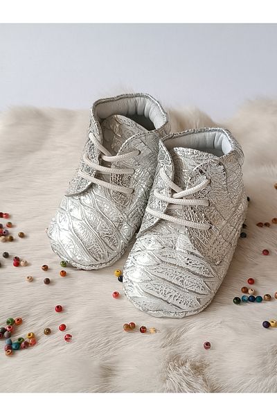 Hodore Patterned Silver Genuine Leather Baby Booties