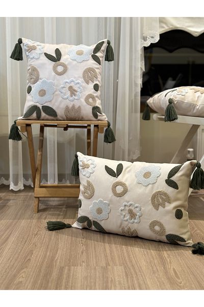 BUGİ HOME COLLECTİON Διπλό ορθογώνιο και τετράγωνο κάλυμμα μαξιλαριού με κέντημα με λουλούδια με θέμα το πόντσο