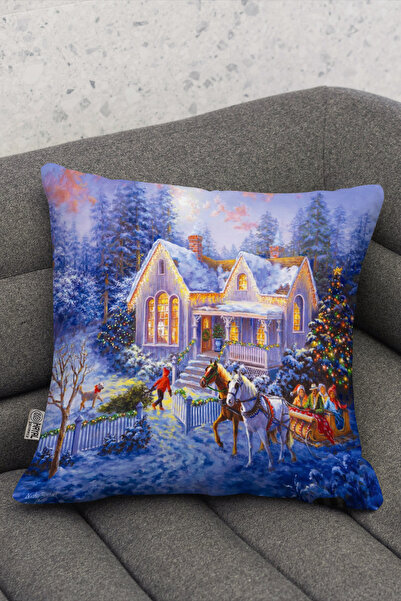 Hayal Dekoratif Husă de pernă cu temă de Crăciun, cu design de casă, imprimată digital