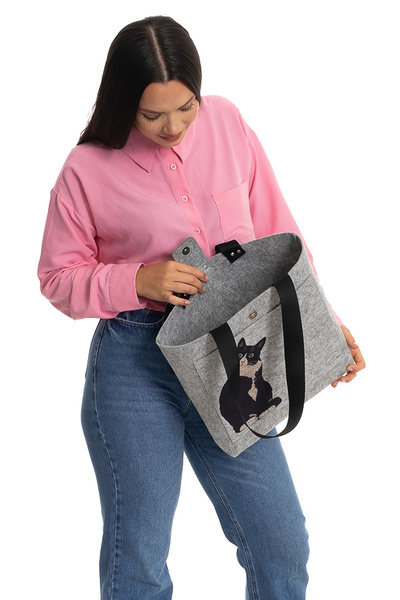 dilekolay Large Size Shoulder Bag - Printed Felt Bag - Pet Series - Cat - 40 X 33 cm