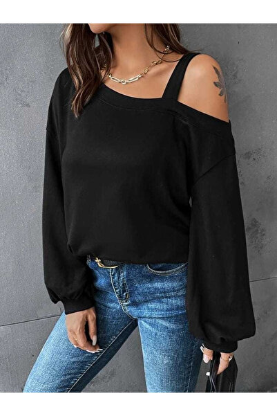 JANES Kadın Uzun Kollu Tek Omuz Askı Detay Salaş Viskon Iki Iplik Bluz