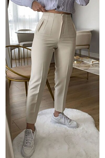 LAMİRAMOOD Zr Model Beige High Waist Fabric Trousers